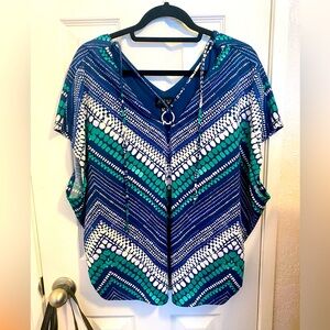 AUW Blue White And Green Patterned Women's Medium Top Blouse